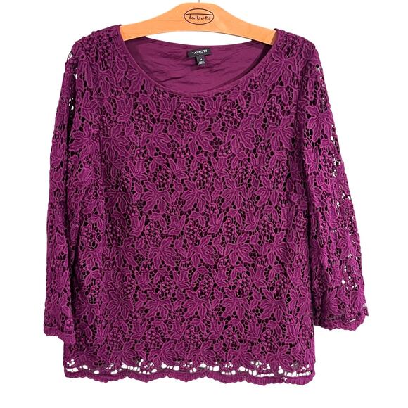 Talbots Purple Crochet Lace Top Size 14 Long Sleeve Boho Chic - Picture 1 of 3